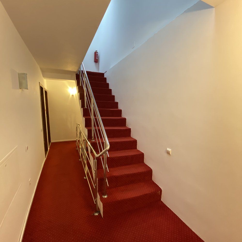 Scara interioară Vila Amira — mochetă roșie premium și balustradă modernă