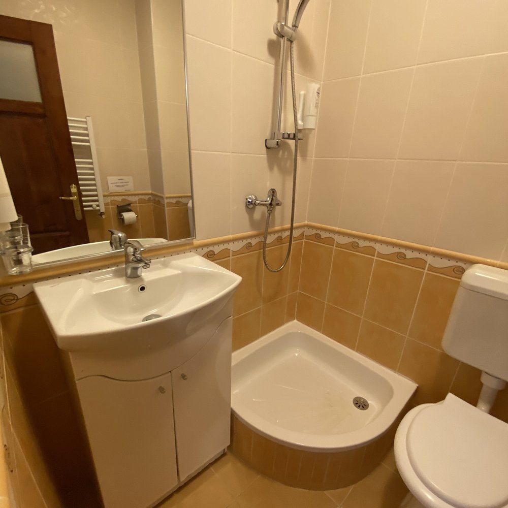 Baie modernă cu duș walk-in, gresie crem — Vila Amira Predeal